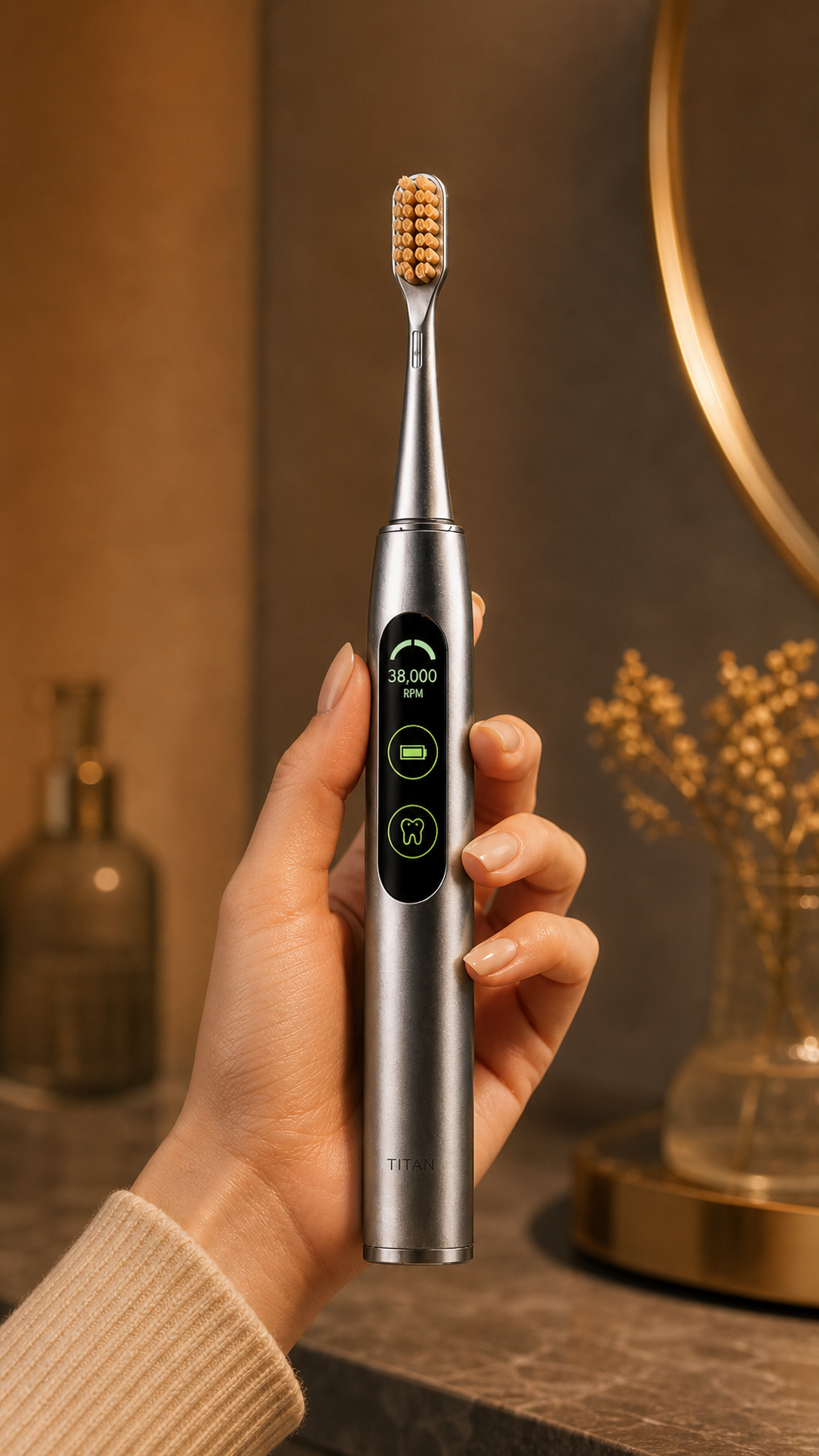 Titan toothbrush held naturally in a warm bathroom with the smart display visible