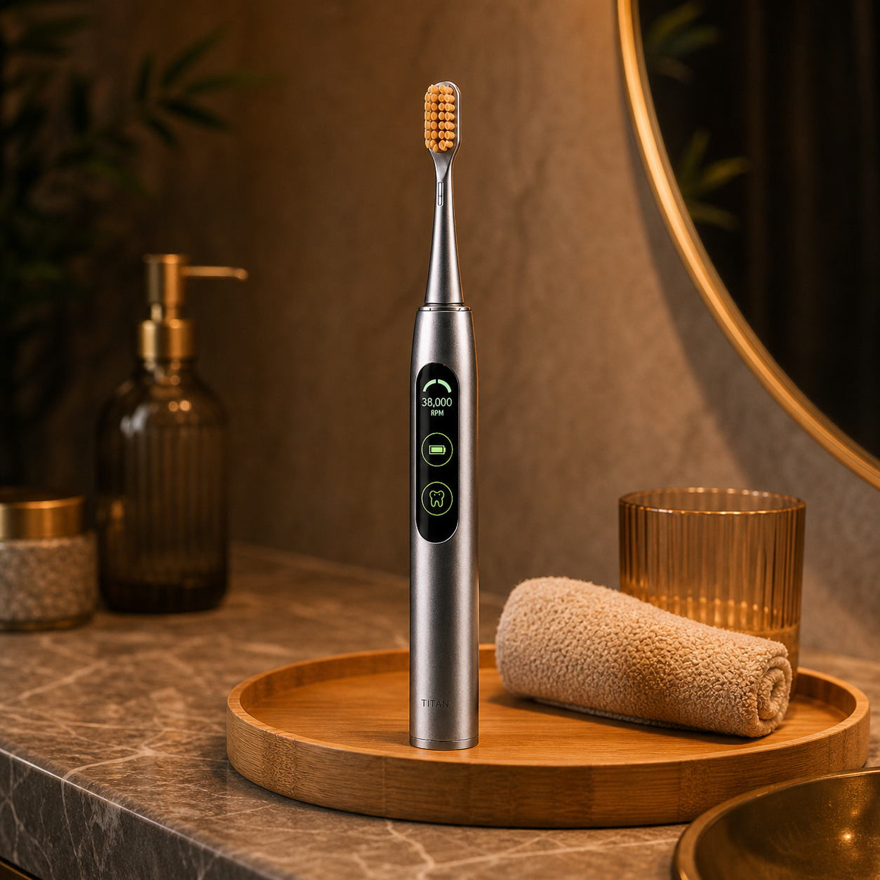 Titan toothbrush standing on a warm bathroom tray beside a towel and amber glass