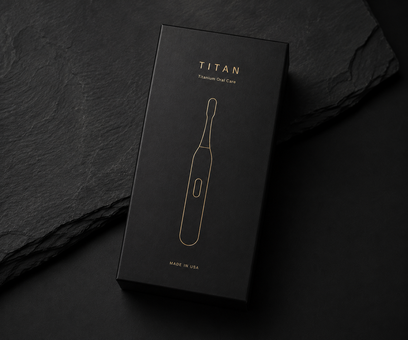 Titan matte black premium packaging on slate