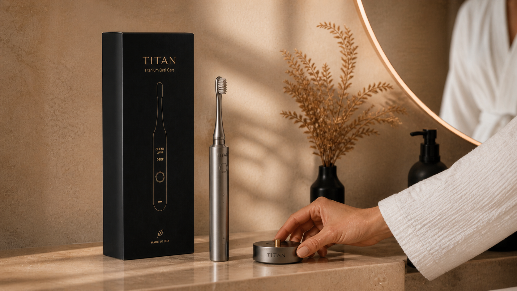 Titan toothbrush, packaging, and charging dock on a warm bathroom counter