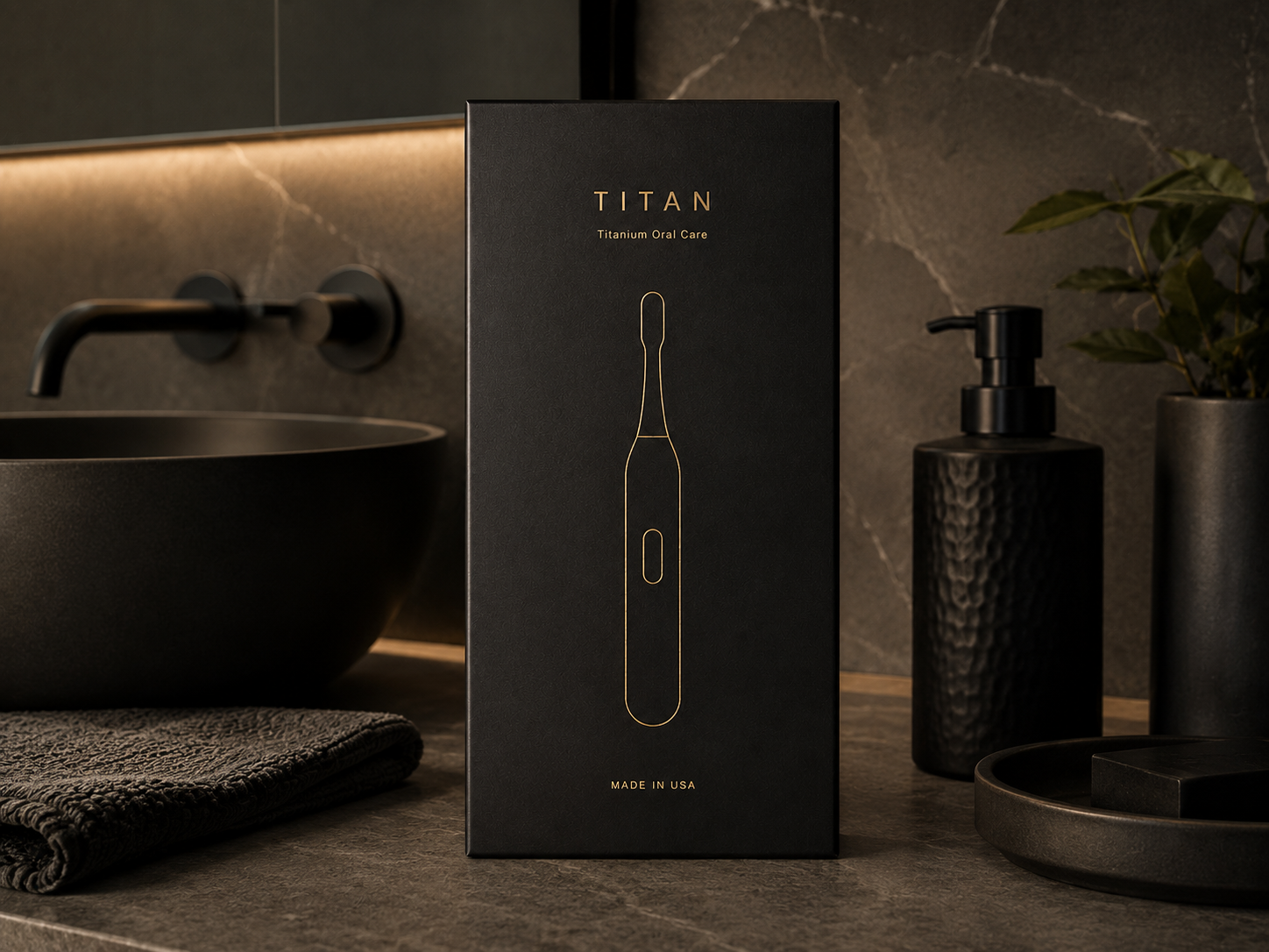 Titan matte black packaging standing on a luxury bathroom counter