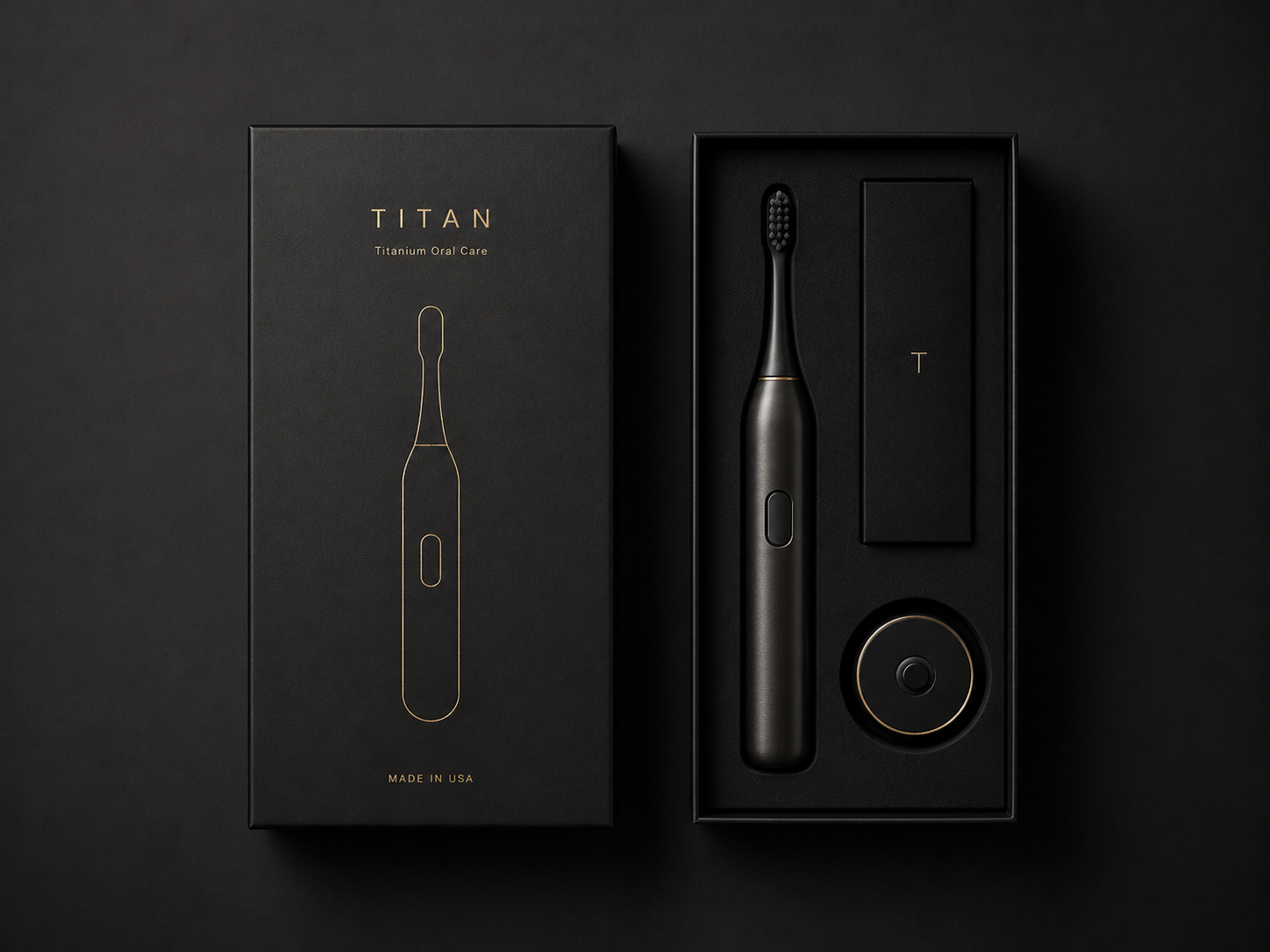 Titan premium packaging opened with toothbrush and charging accessories