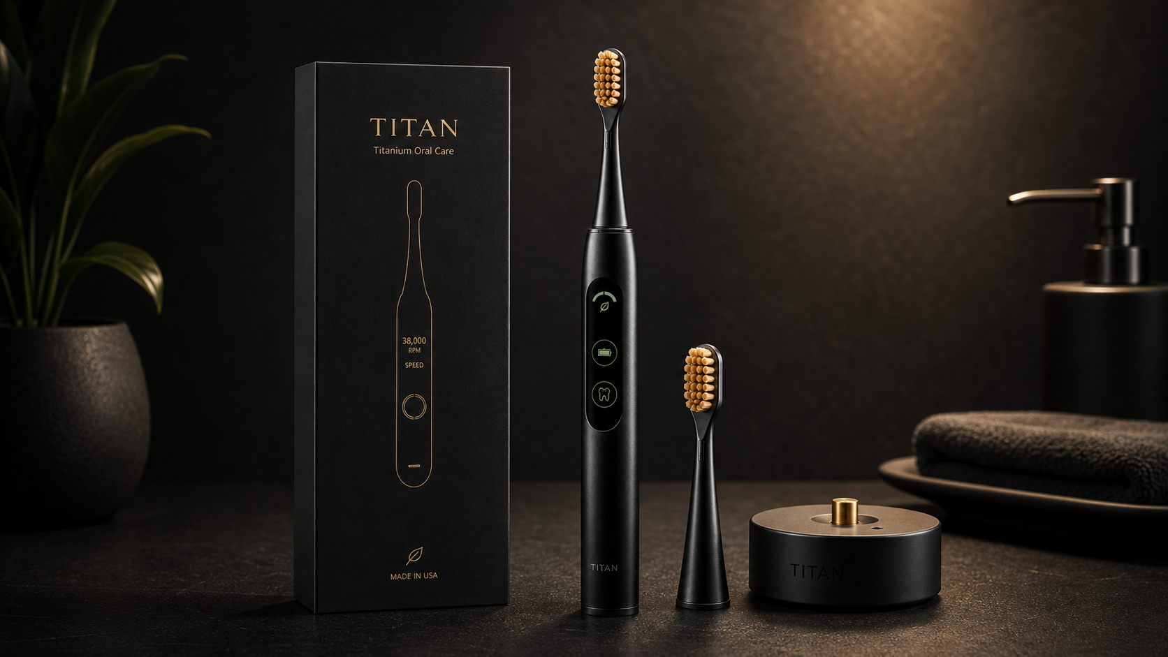 Titan toothbrush kit with packaging, dock, and replacement head